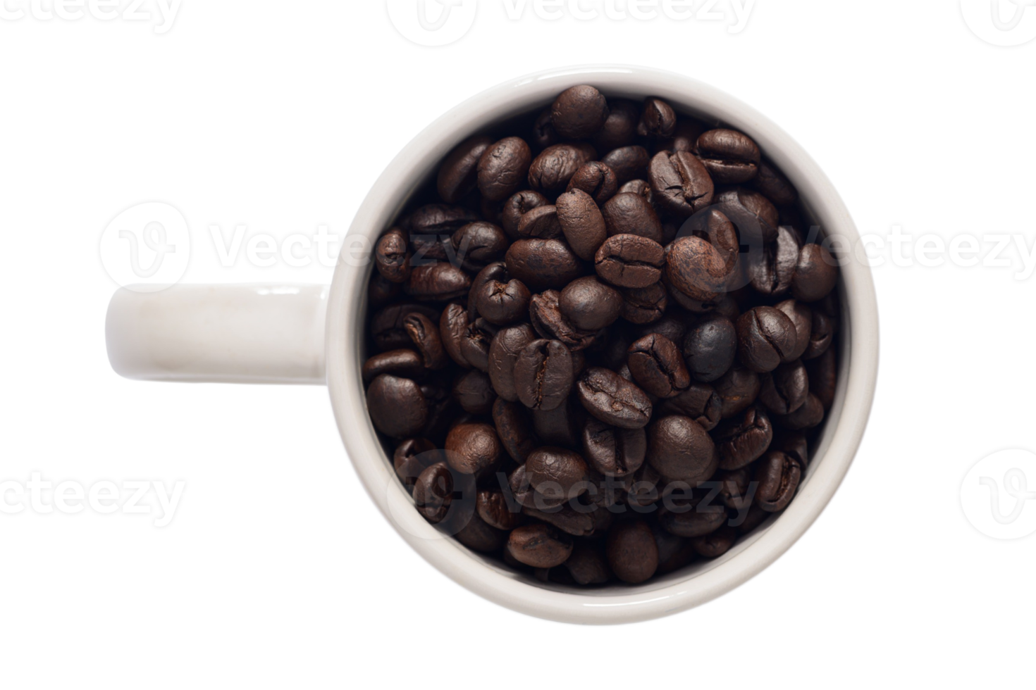 White cup with coffee beans isolated on a transparent background png