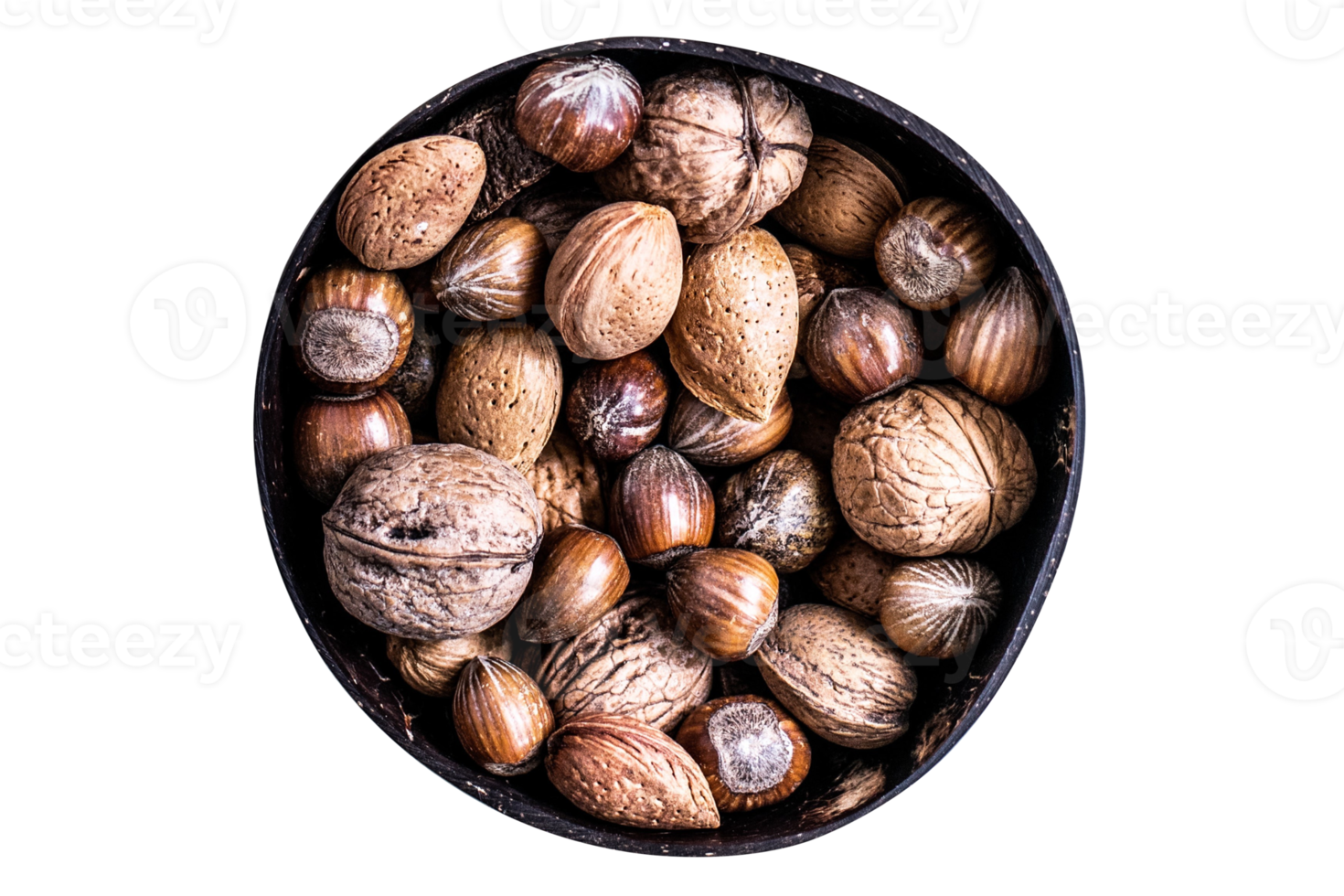 Black bowl with nuts isolated on a transparent background png