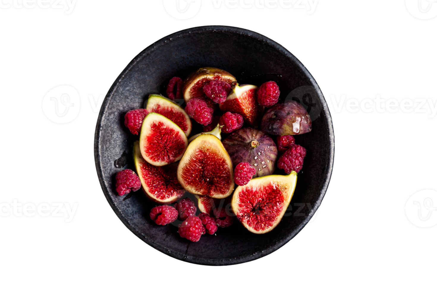 Black bowl with figs fruits isolated on a transparent background png