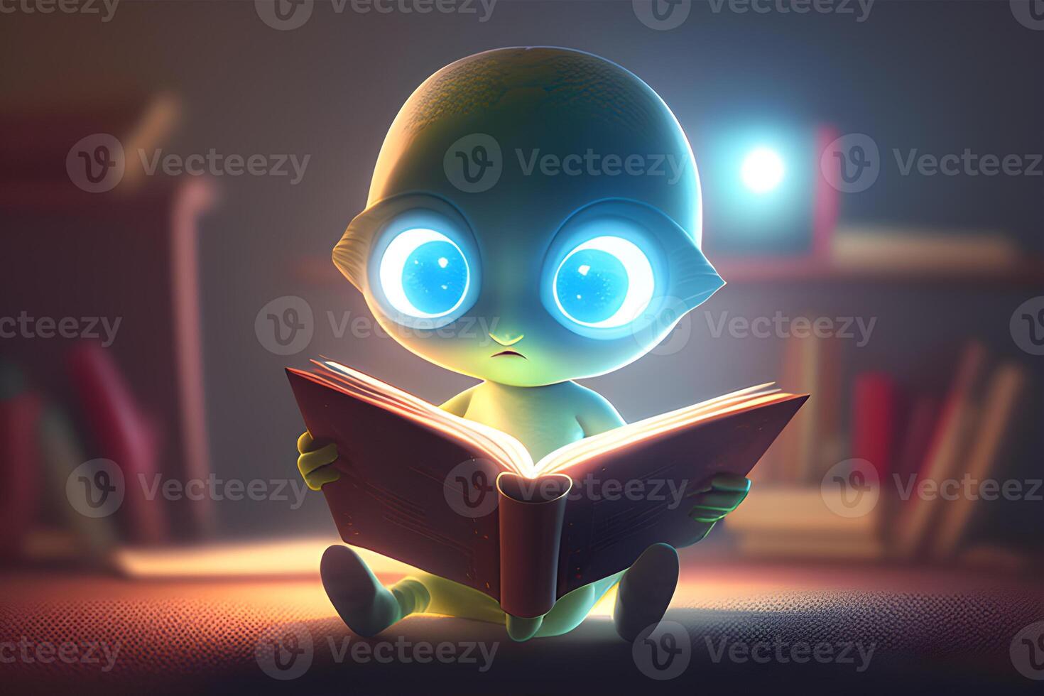 3d little alien character reading a book. Illustration for world book day designed by . photo