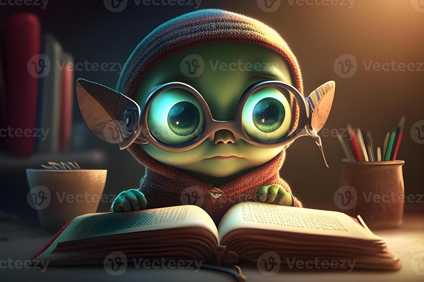 3d little alien character reading a book. Illustration for world book day designed by . photo