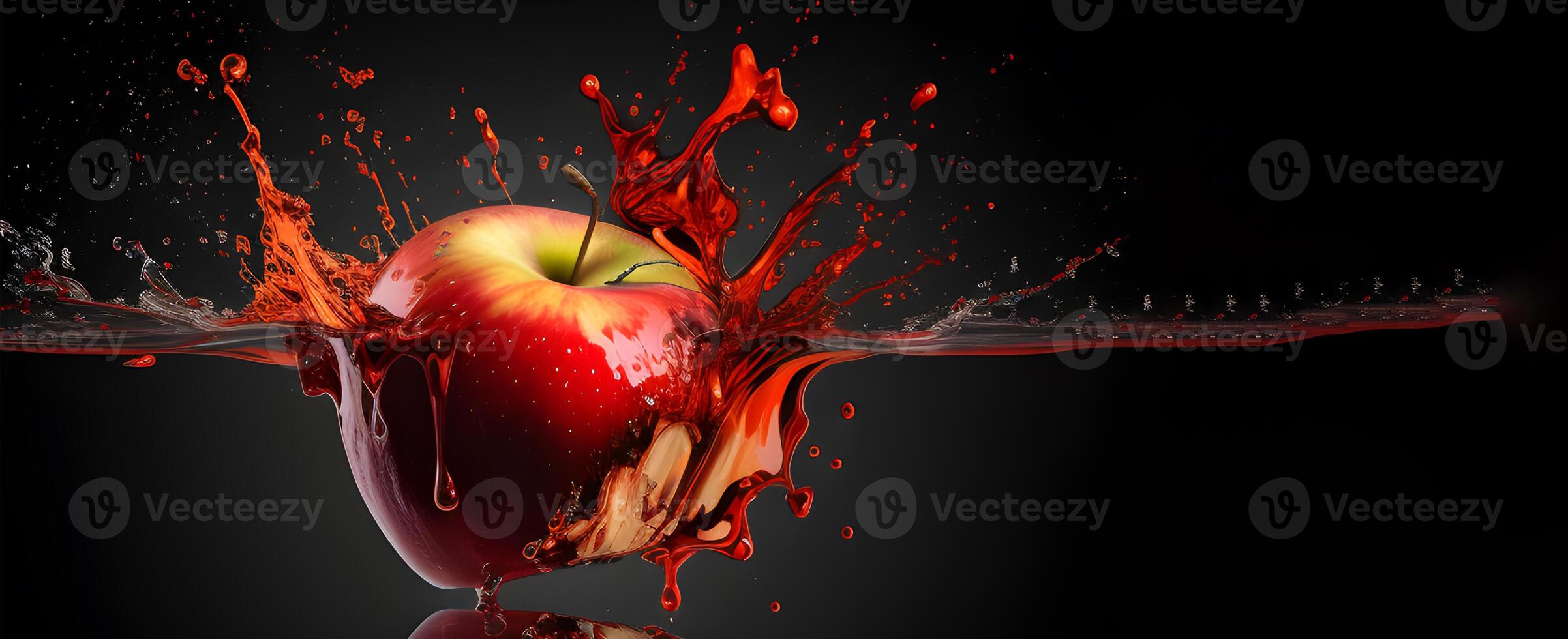 A red apple in water splash color effect on a black background. . photo