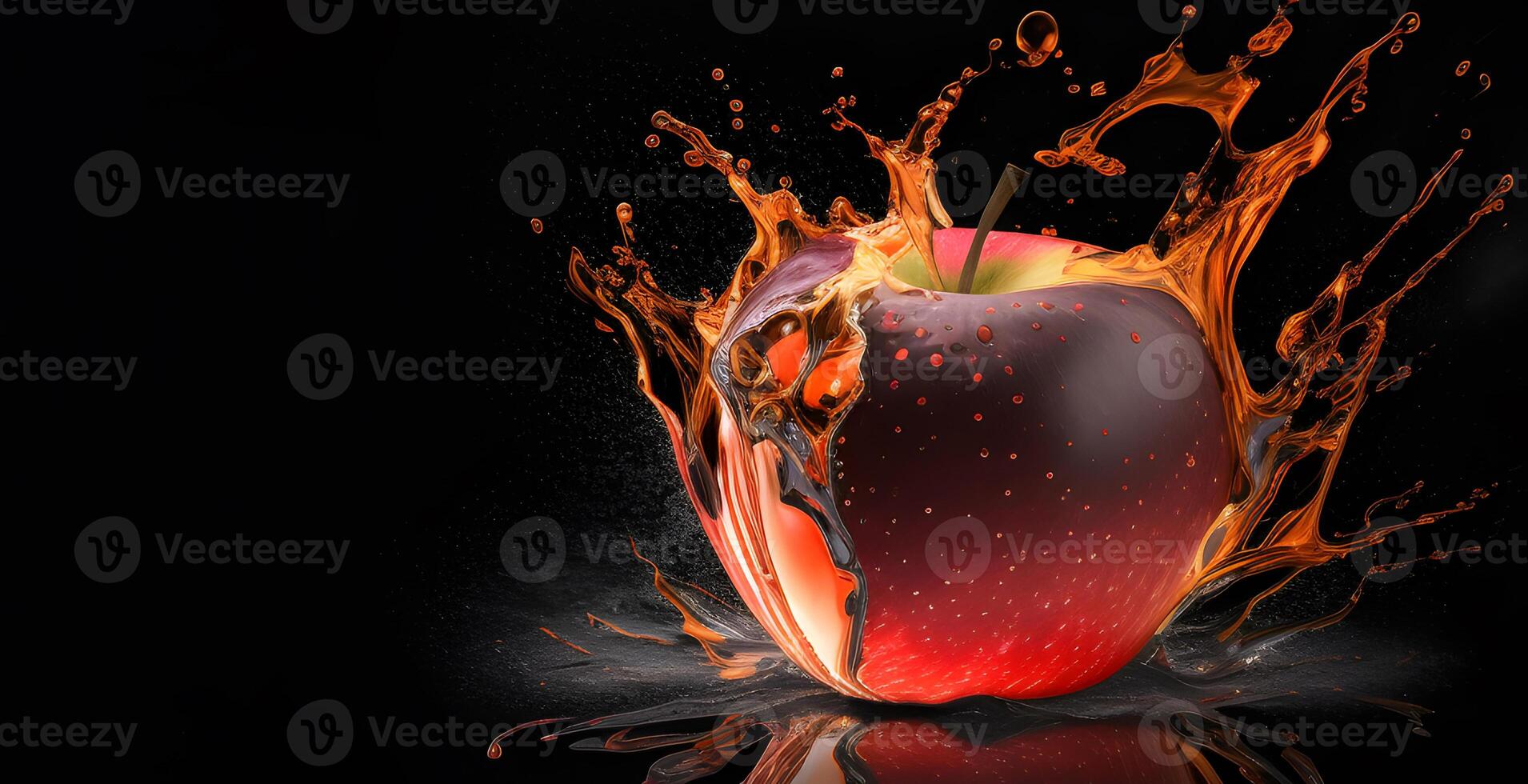 A red apple in water splash color effect on a black background. . photo