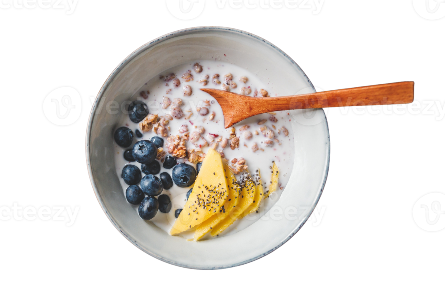 White bowl with cereal, milk and fruit mix isolated on a transparent background png