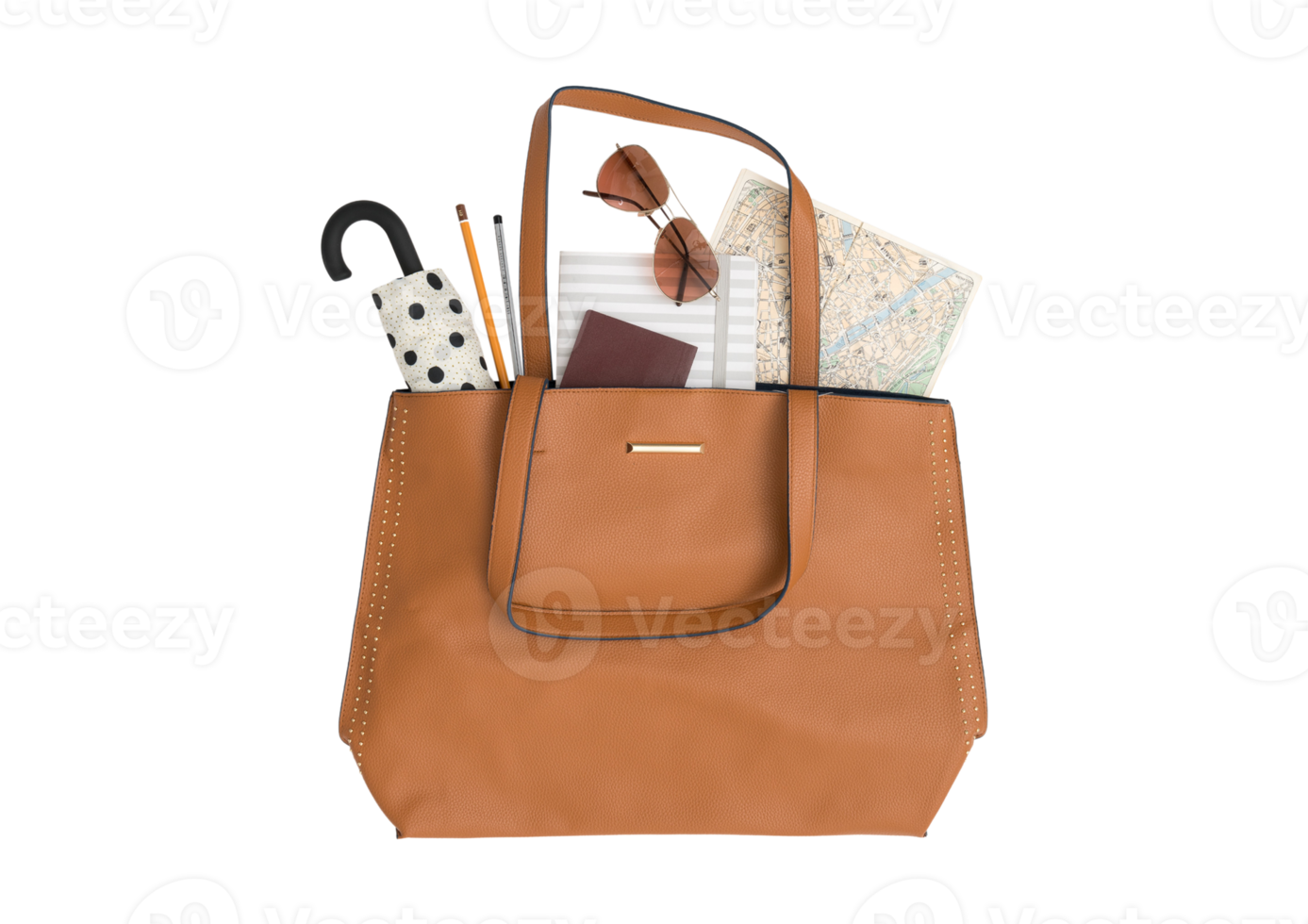 Brown purse with a umbrella, sunglasses, map and passport isolated on a transparent background png