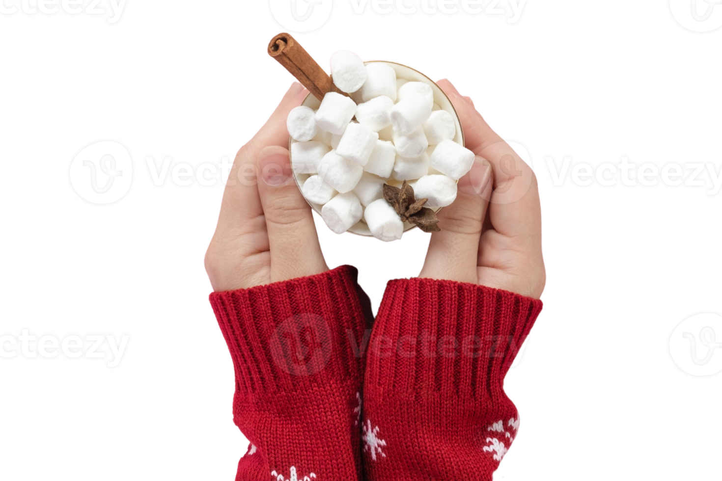 White woman hand holding a mug with marshmallows isolated on a transparent background png