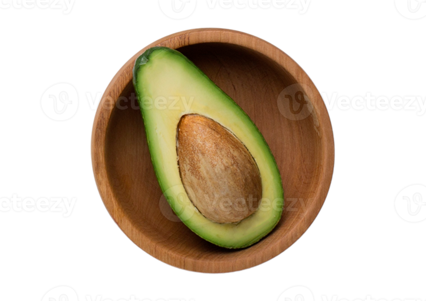 Wooden bowl with avocado isolated on a transparent background png