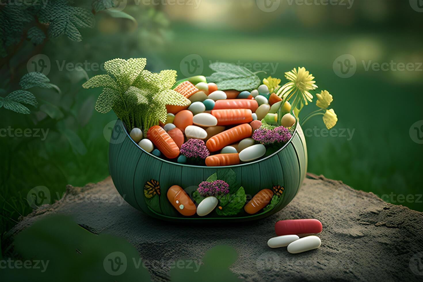 A basket with eggs, medicines, and flowers for world health day. . photo