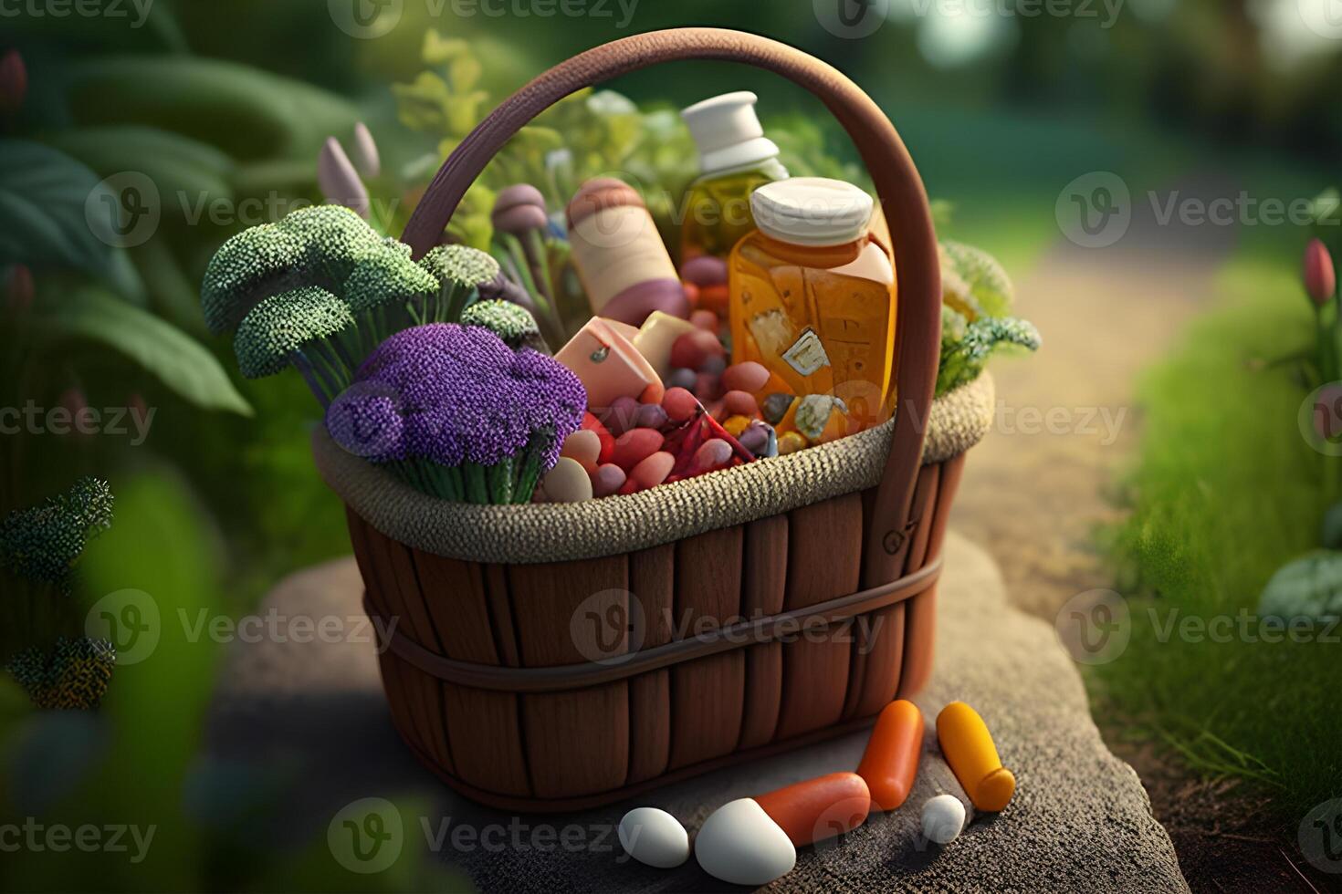 un cesta con huevos, medicamentos, y flores para mundo salud día. generativo ai. foto