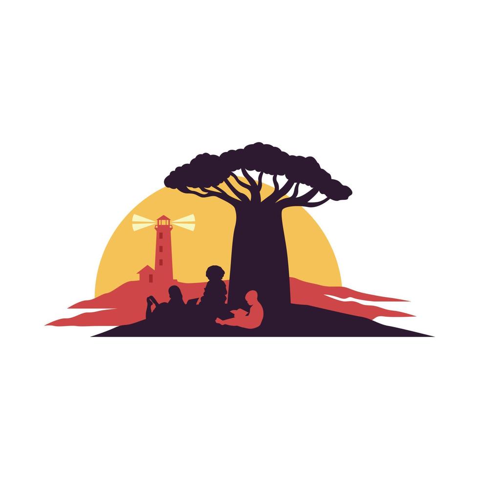 Silhouette of children reading under a tree with lighthouse in the background. vector