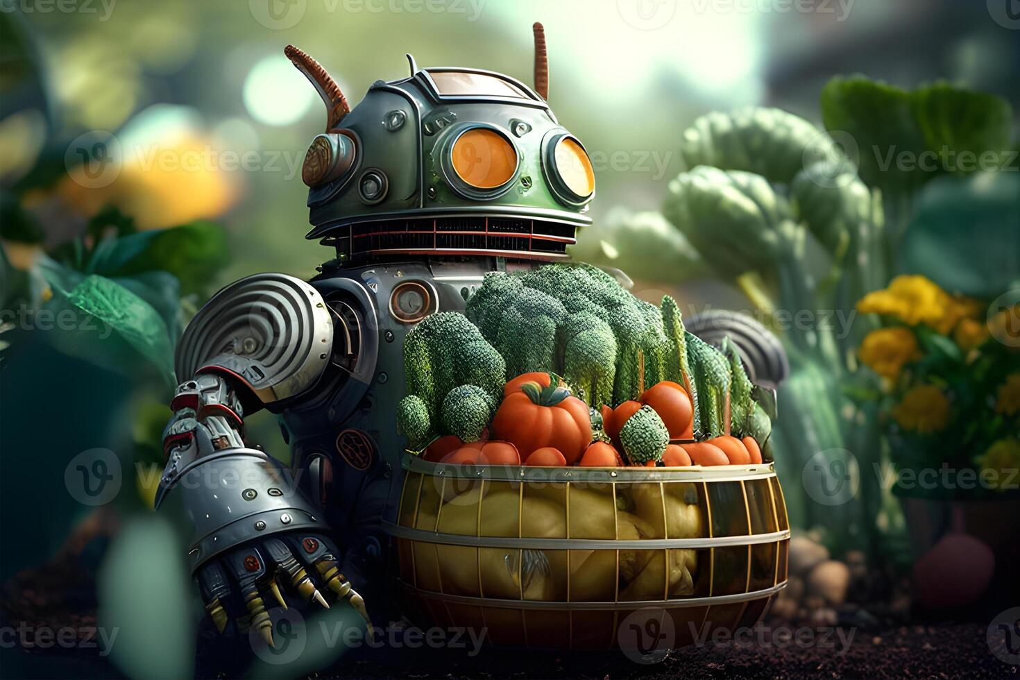 Robot with a fruit basket illustration design by . photo