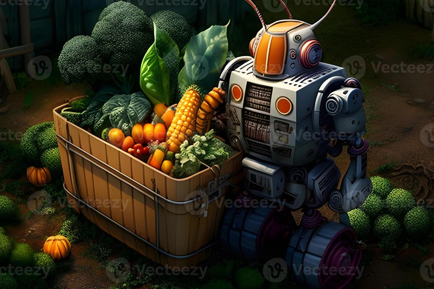 Robot with a fruit basket illustration design by . photo