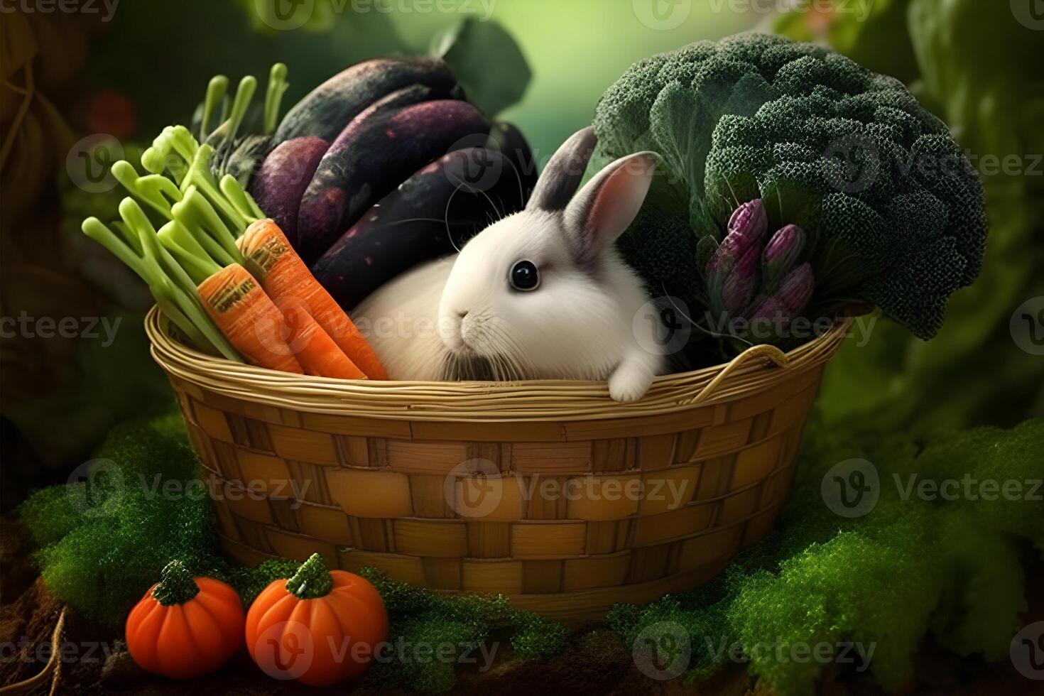 easter bunny in basket illustration design in a green garden. . photo