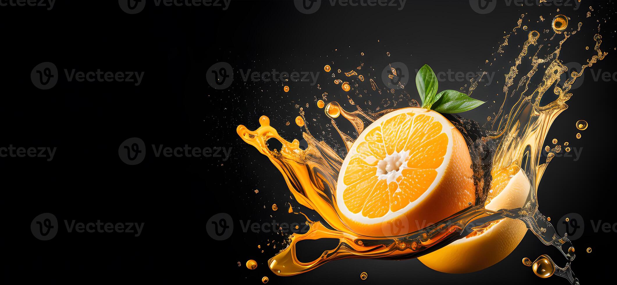 orange slice in water splash design on the black background. . photo