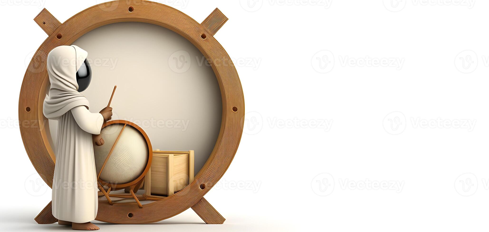 Muslim priest with a wooden drum on the white background for eid mubarak. . photo