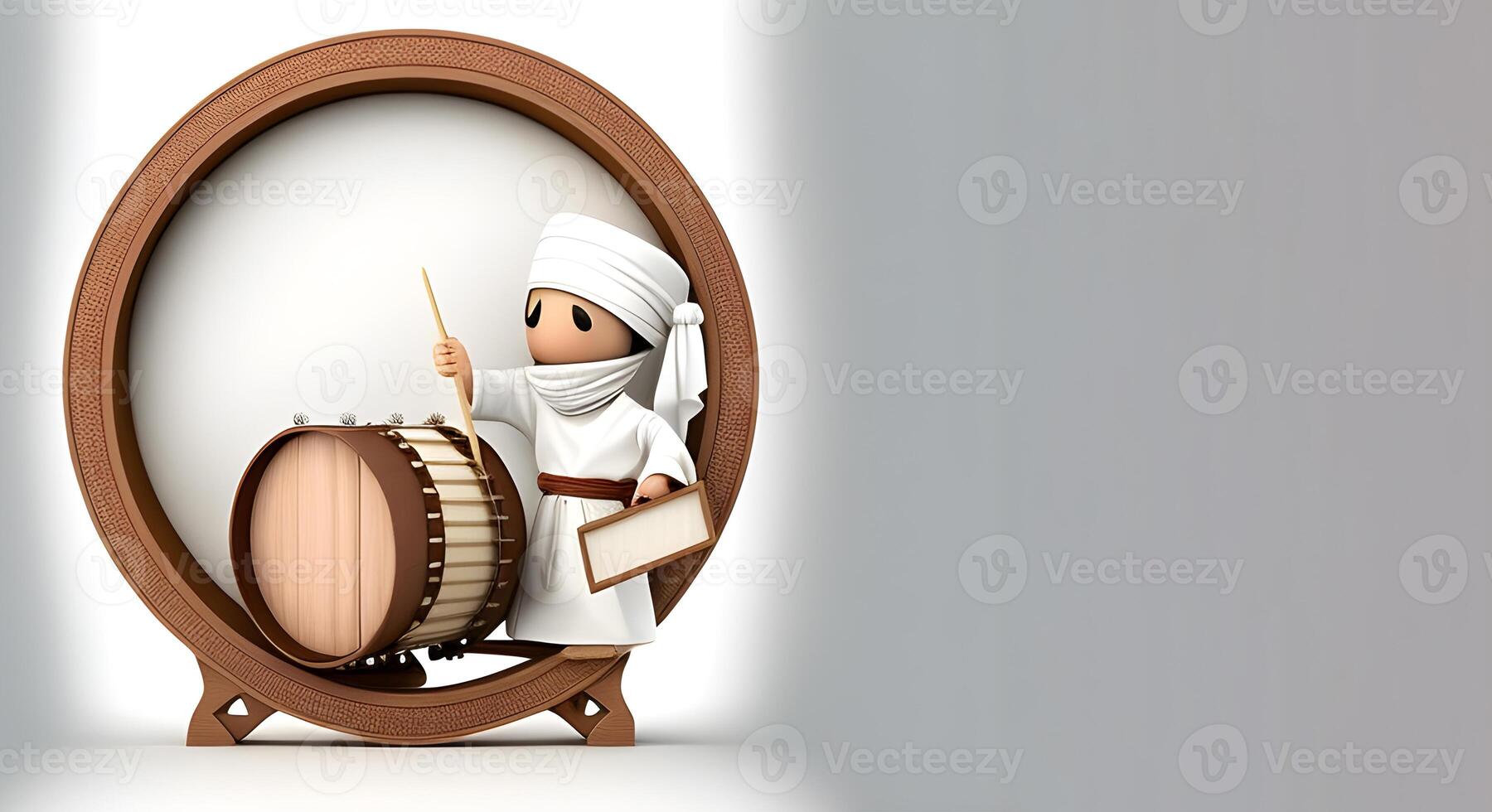 Muslim priest with a wooden drum on the white background for eid mubarak. . photo