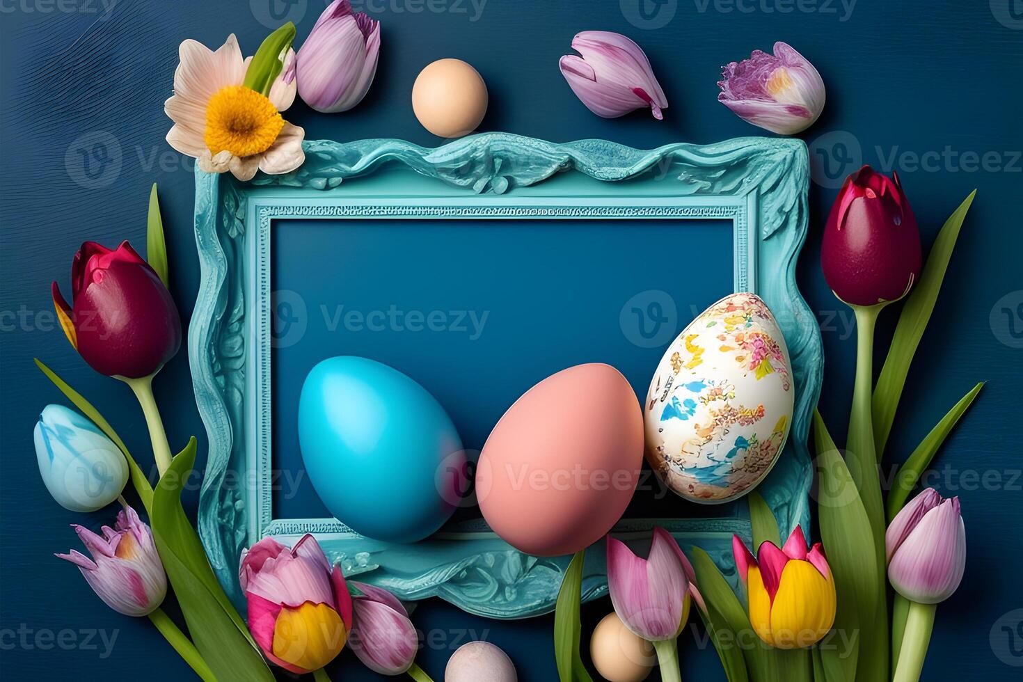 easter eggs and tulips flowers illustration design for the happy easter day. . photo