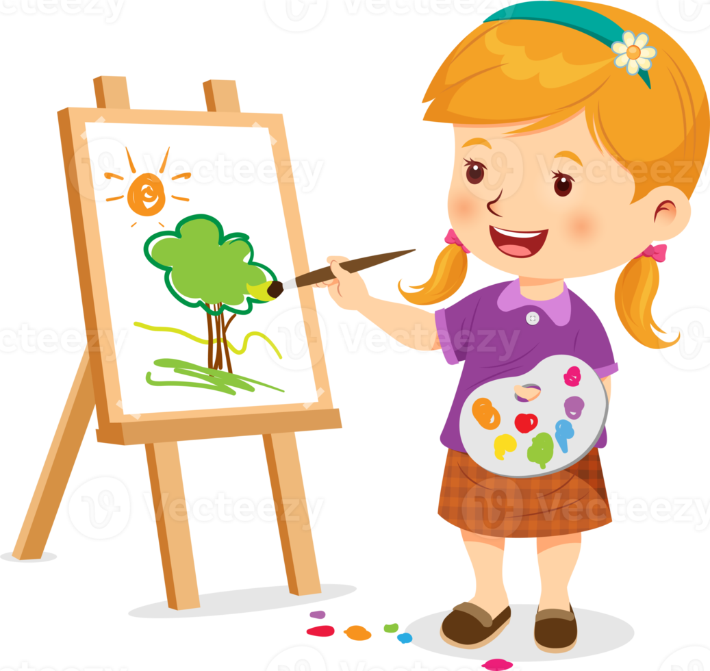 Cute little girl happy making painting on a canvas frame png