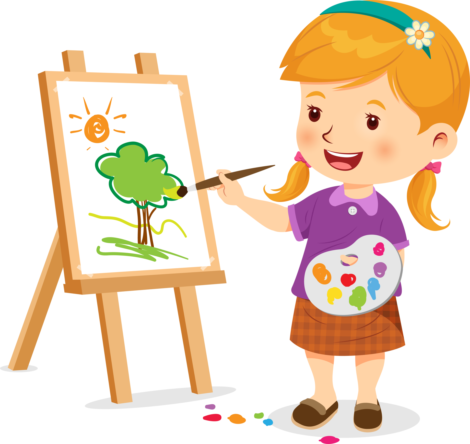 Female Painter Clipart Cute Little Girl Happy Making Painting On A Canvas Frame Png