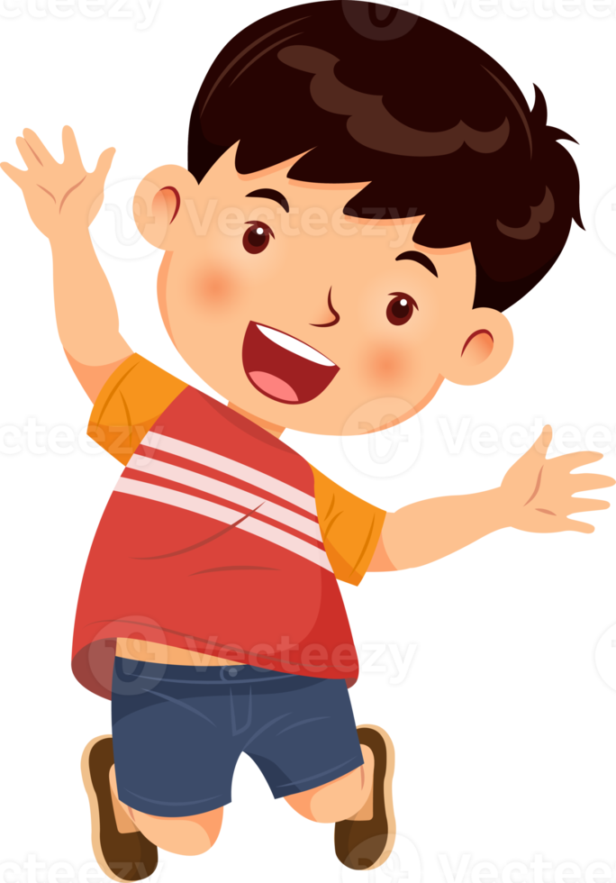 schattig jongen jumping met vreugde en plezier. tekenfilm karakter png