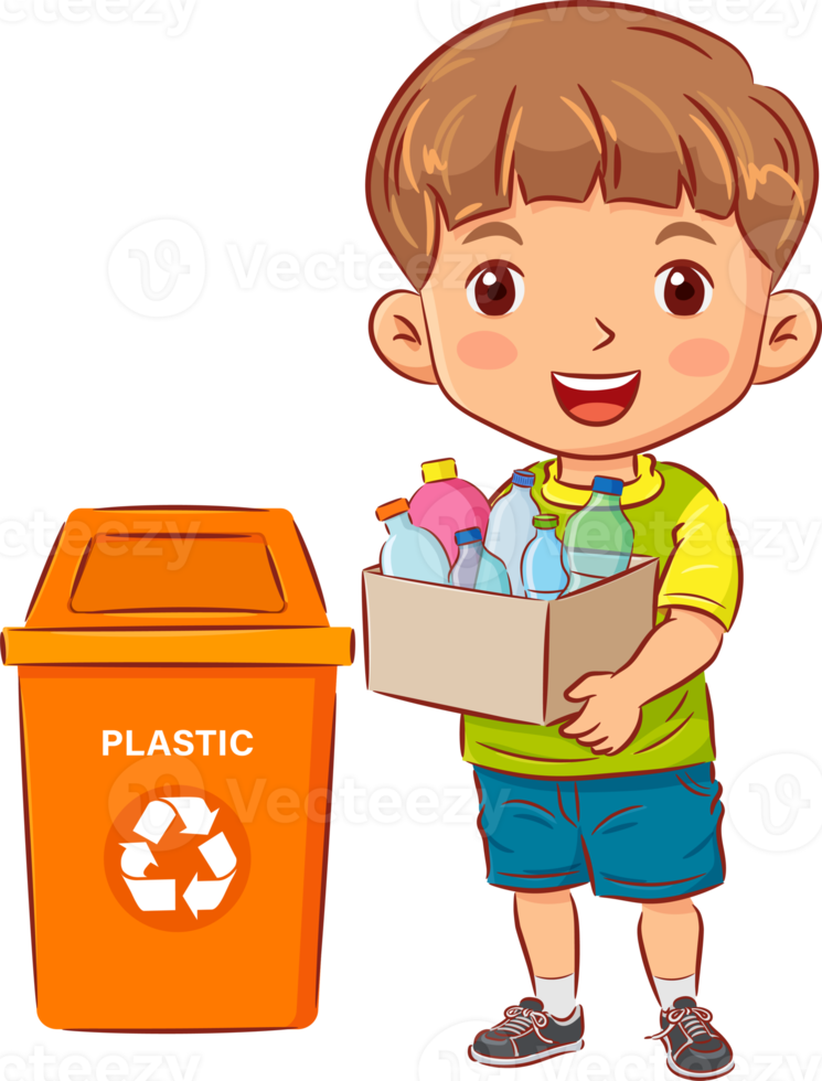 Cute boy holding a container with plastic bottles to the recycle bin png