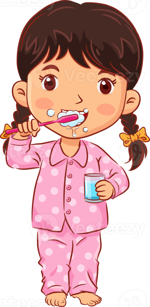 Little girl in a pyjamas stands brushing teeth and holds a glass of water in the bathroom png