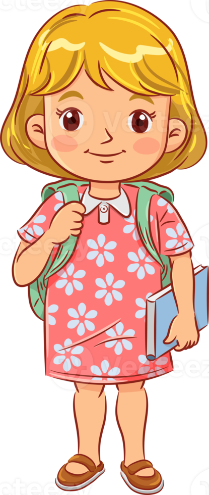 Cute girl with backpack holding book and football ready going to school png