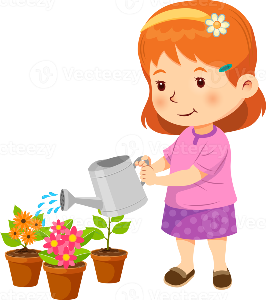Cute girl watering the plants png