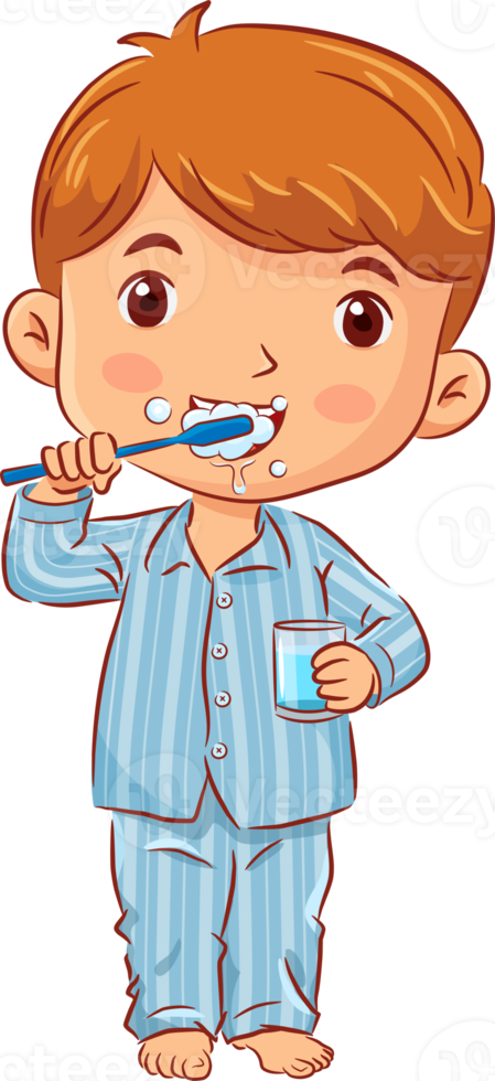 Little boy in a pyjamas stands brushing teeth and holds a glass of water in the bathroom png