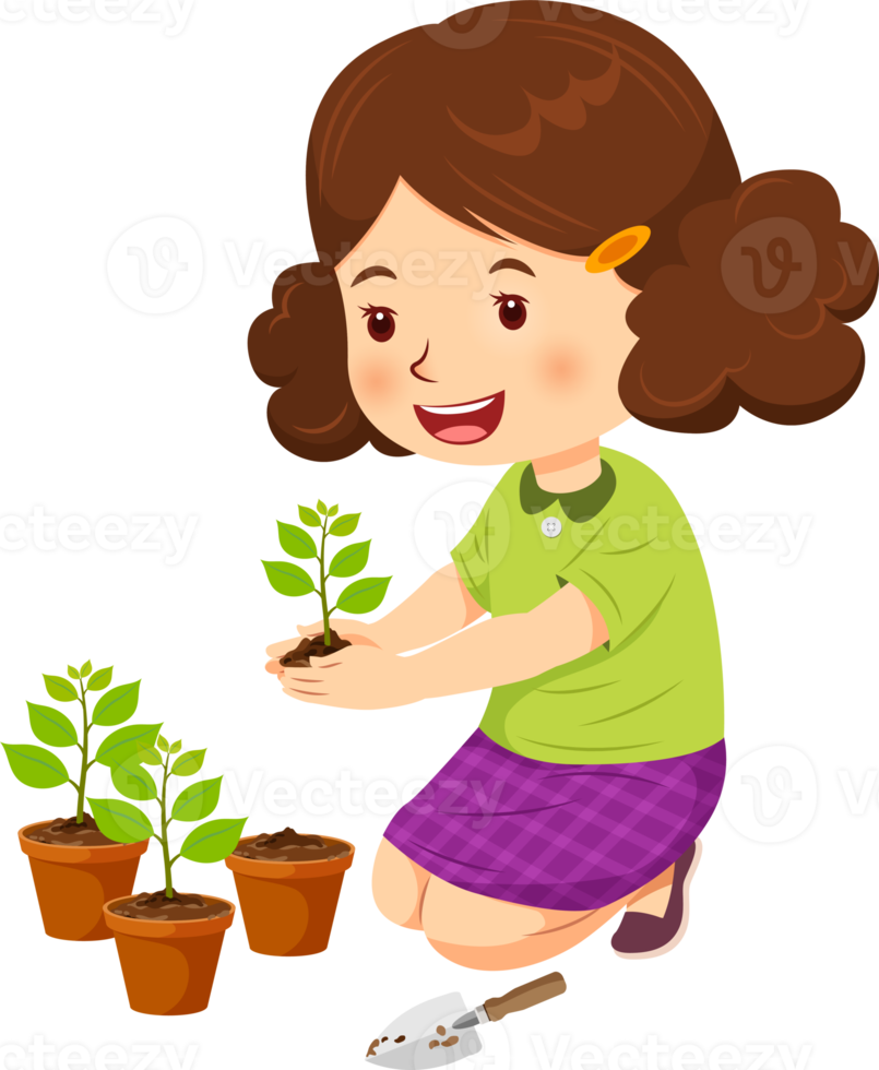 Cute girl happy planting trees png