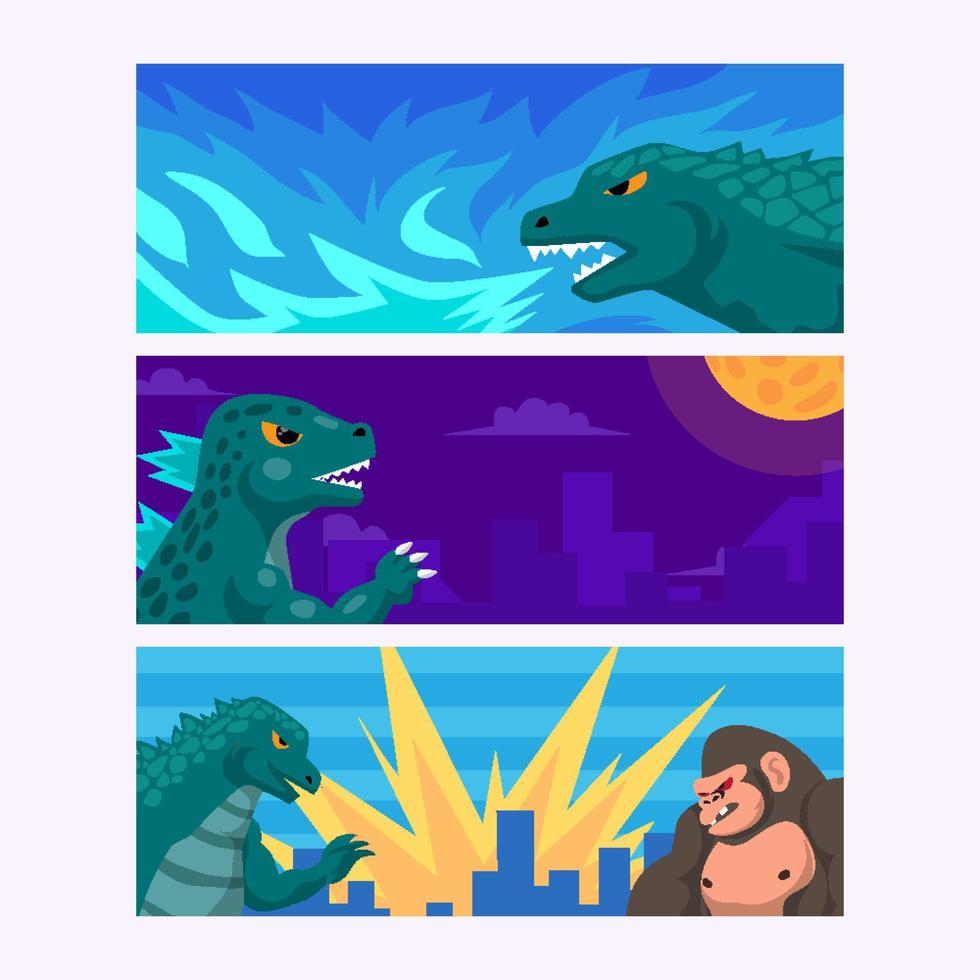 Huge Monsters Destroying City Banners Set vector