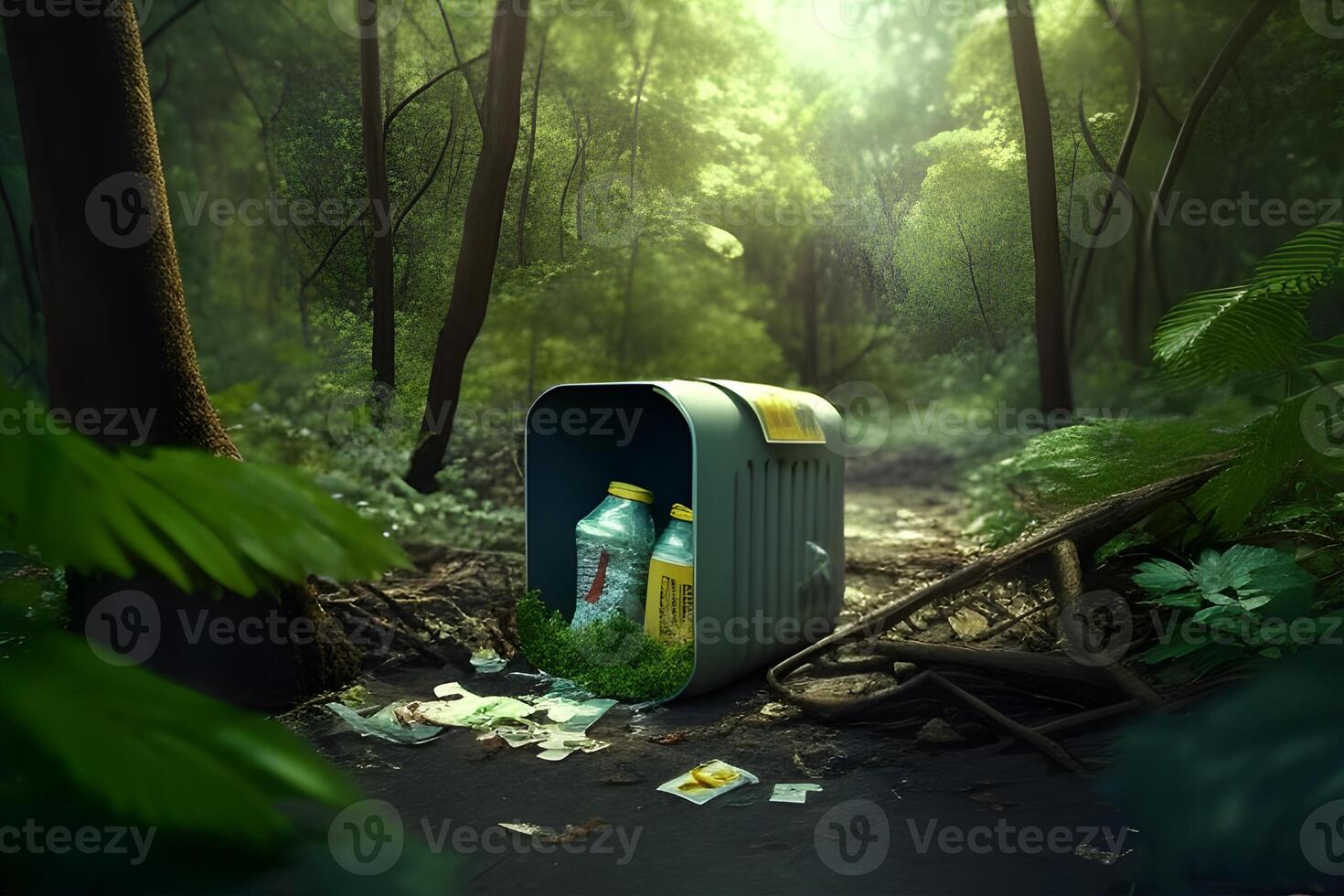 green garbage bin in the jungle for recycling. . photo