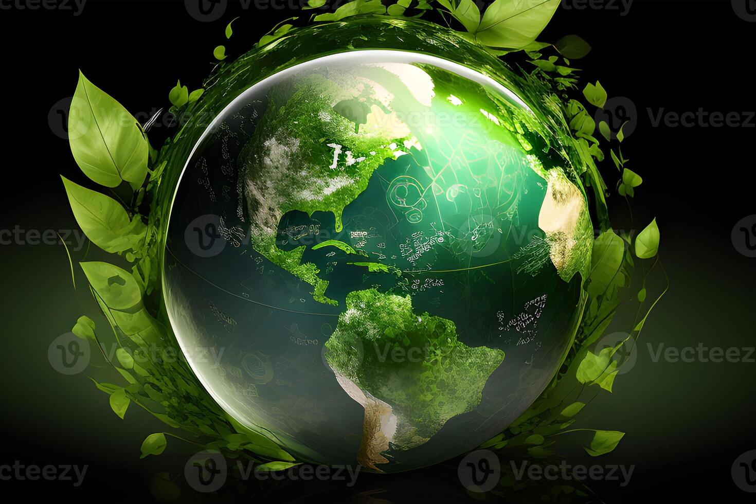 green planet earth with leaves designed by generative ai. photo