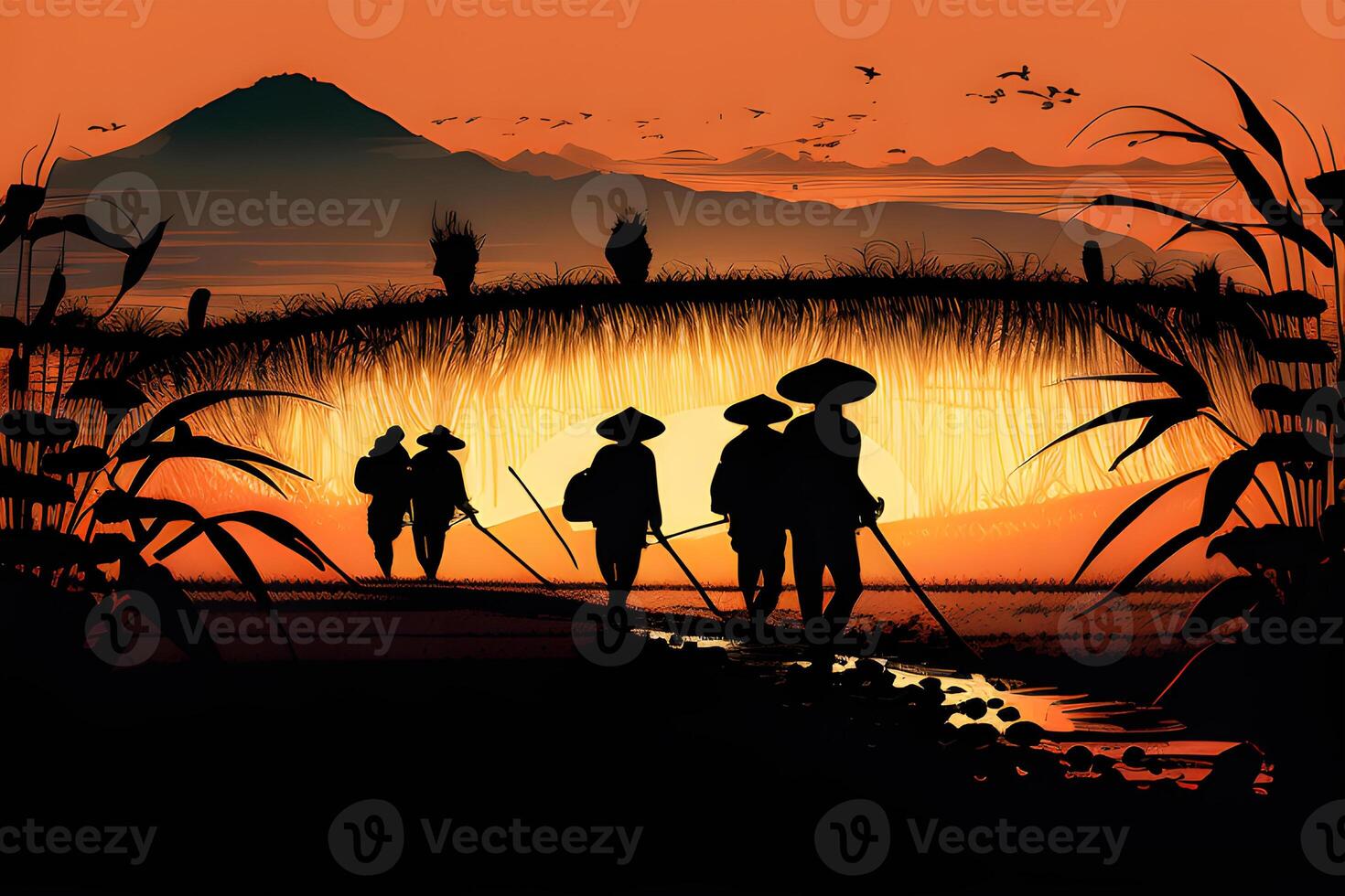 silhouette farmer working in the sunset in the field. . photo