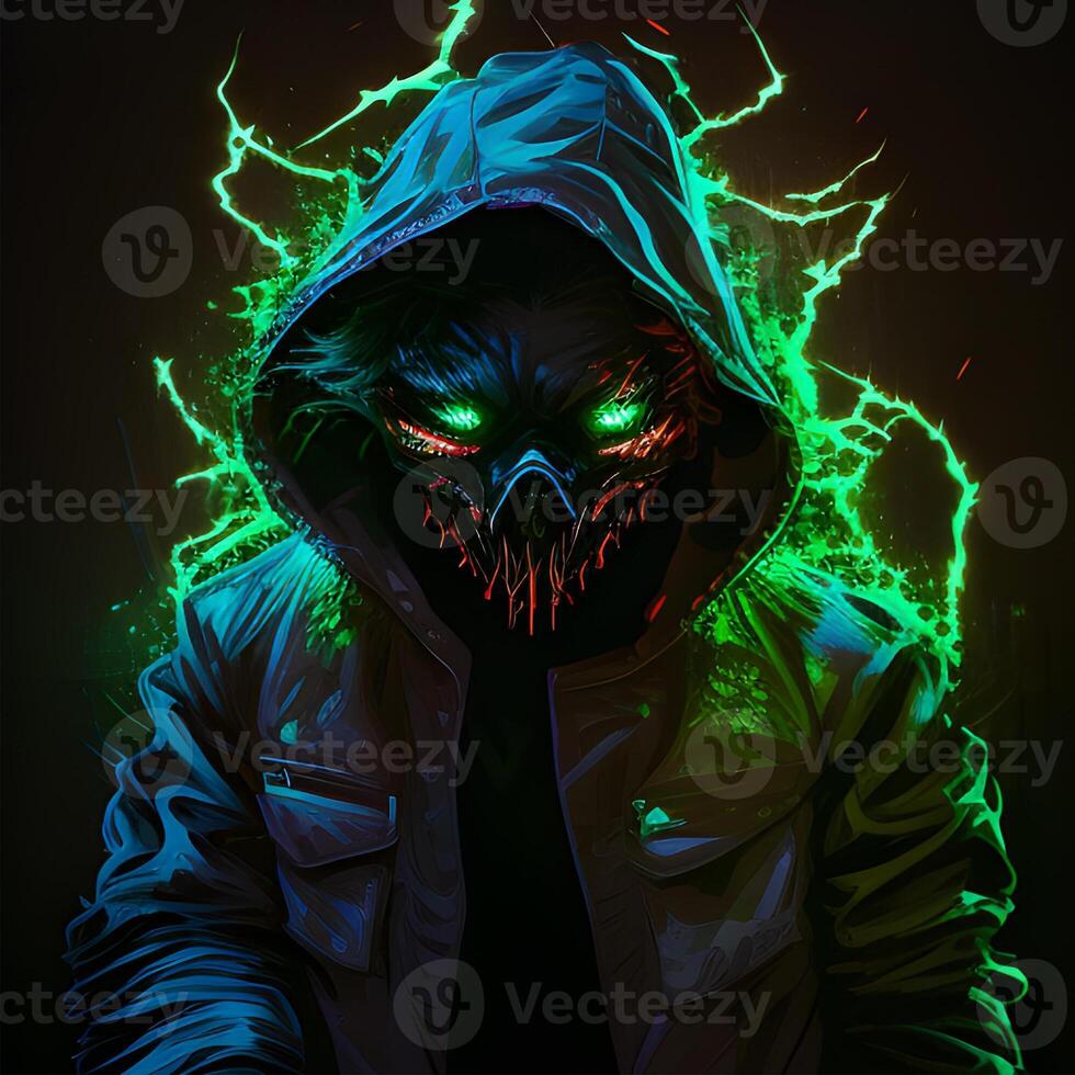 A hacker's human face with green eyes designs on a black background. . photo