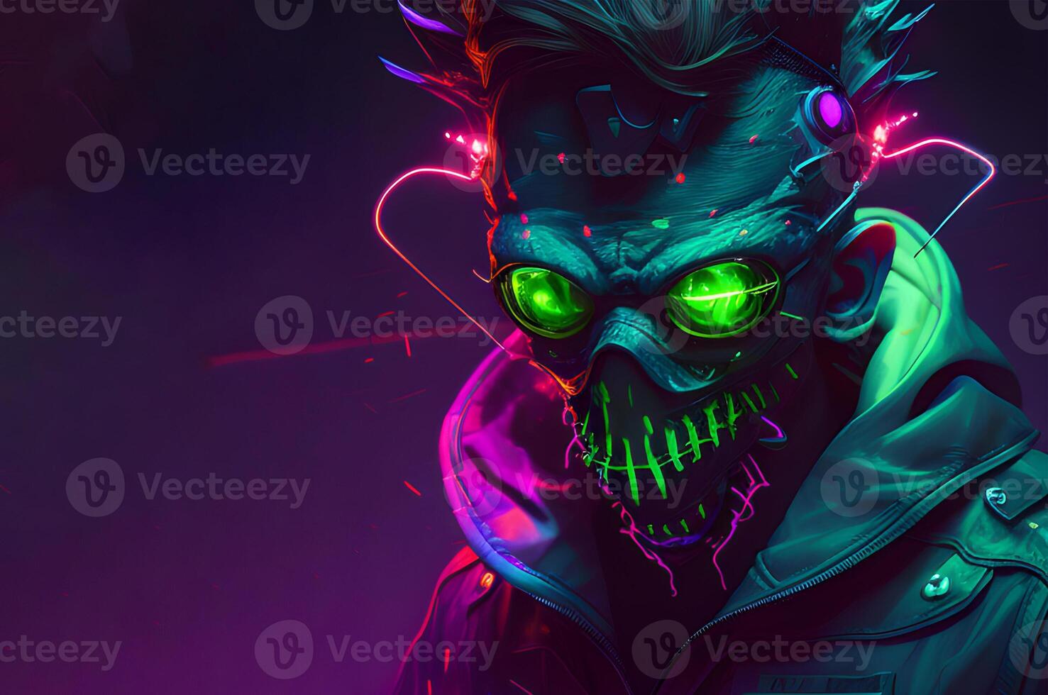 A hacker's human face with green eyes designs on a black background. . photo