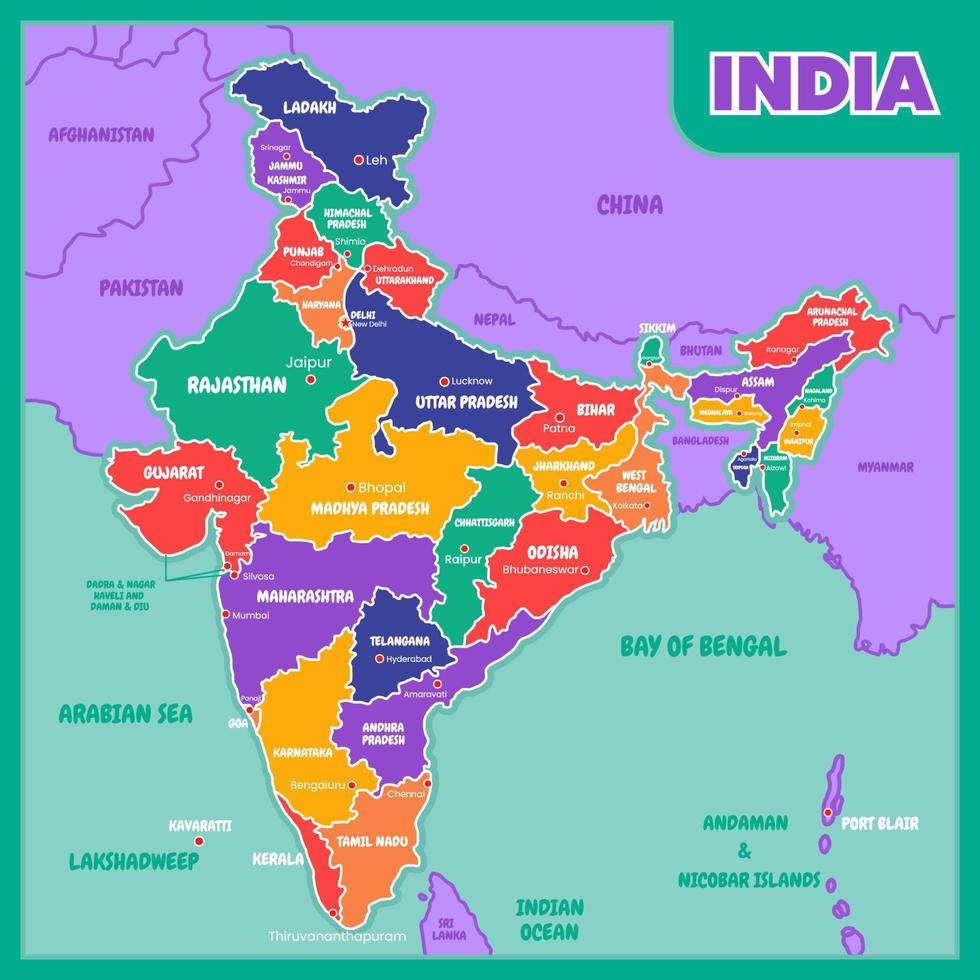 Colorful India Map With Outlines vector