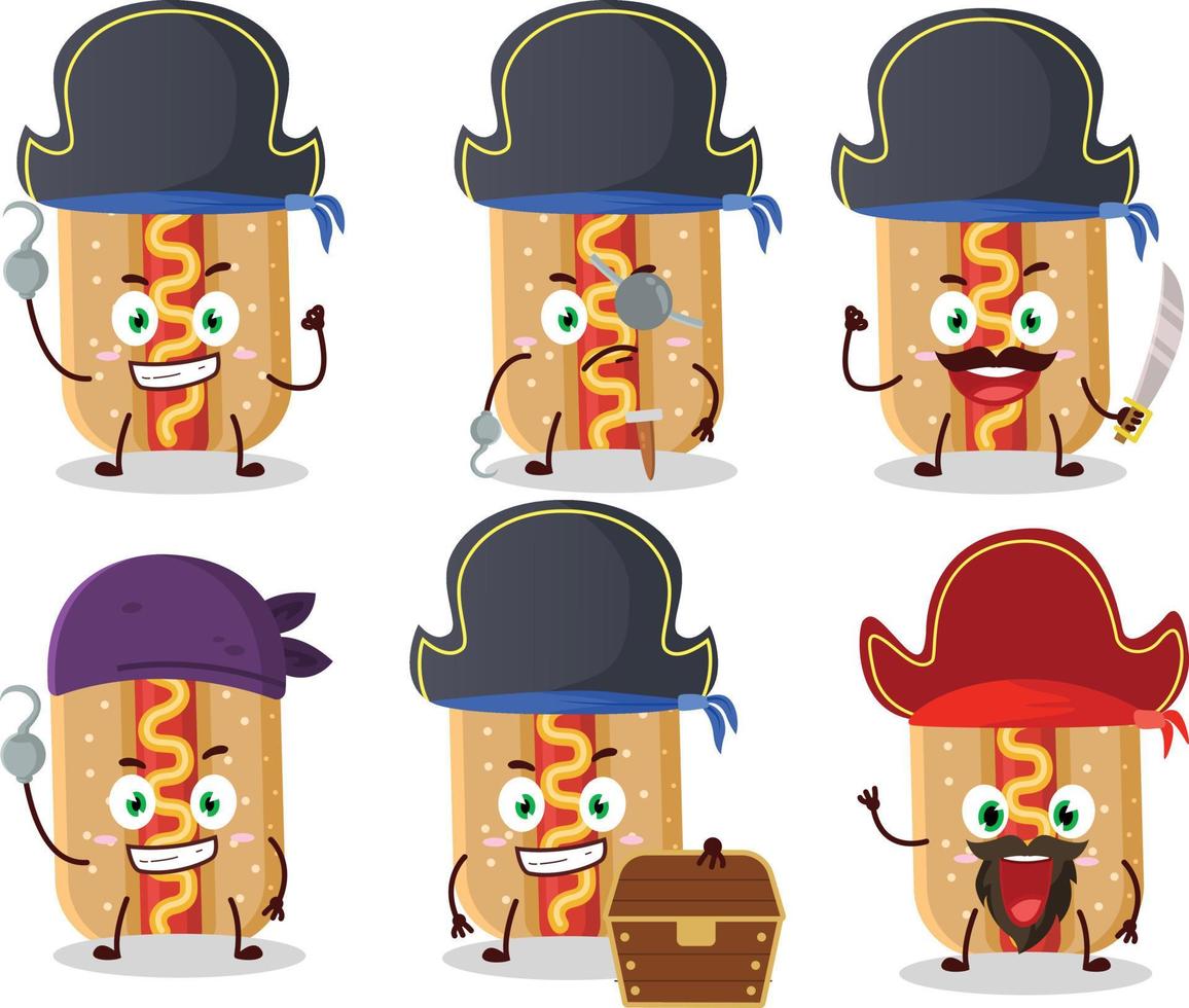 Cartoon character of hotdog with various pirates emoticons vector