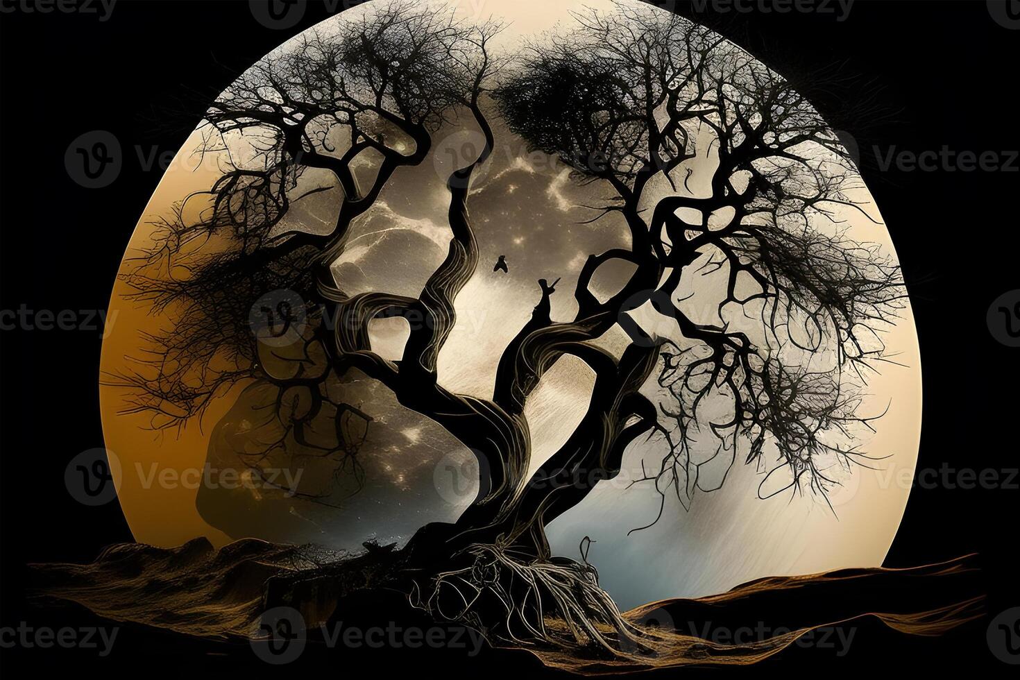 an old tree with big moon illustrations designed for posters, banners, book covers, social media posts, and thumbnails. . photo