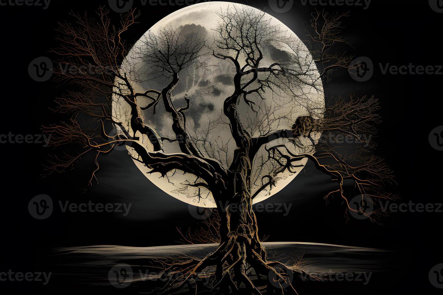 an old tree with big moon illustrations designed for posters, banners, book covers, social media posts, and thumbnails. . photo