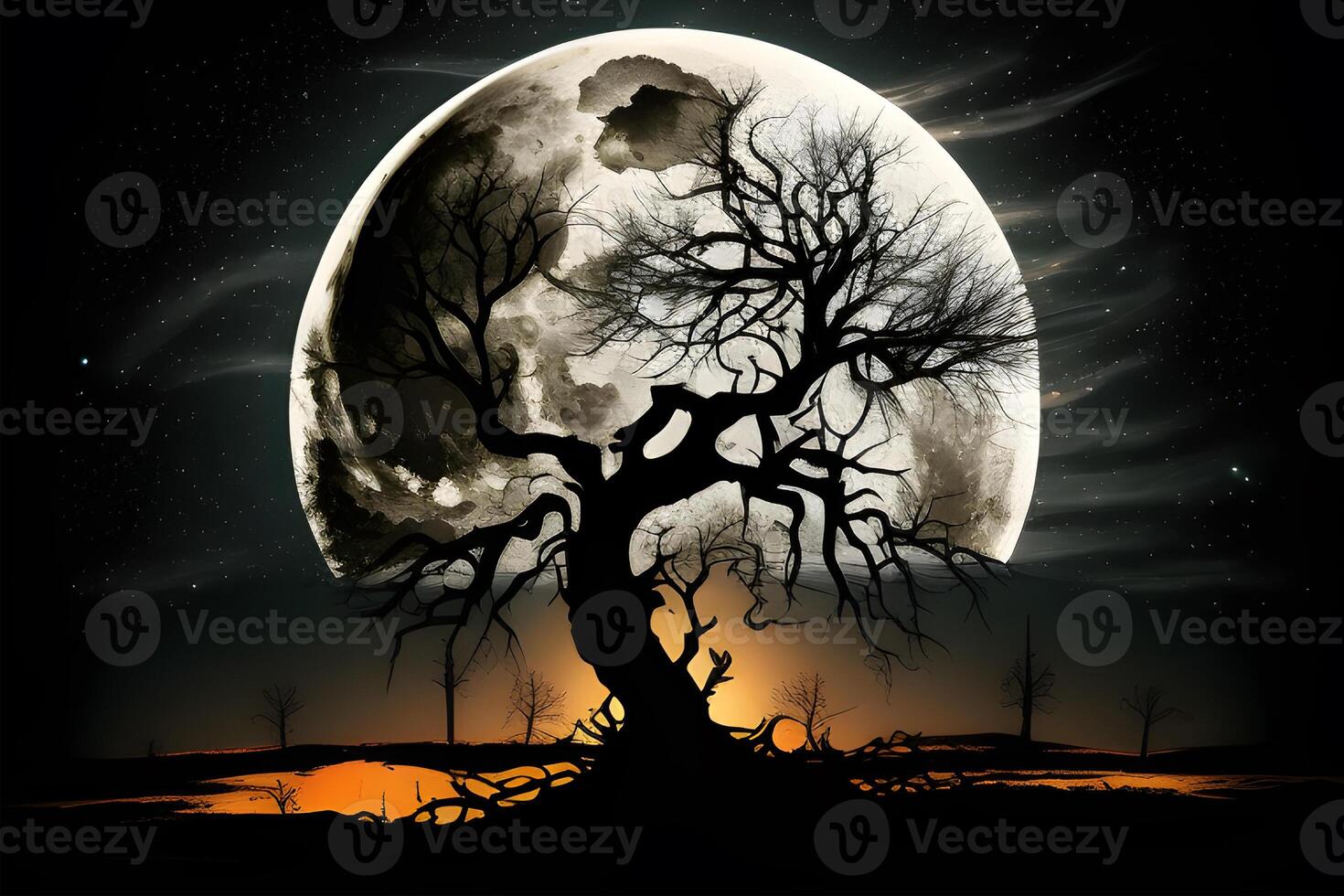 an old tree with big moon illustrations designed for posters, banners, book covers, social media posts, and thumbnails. . photo