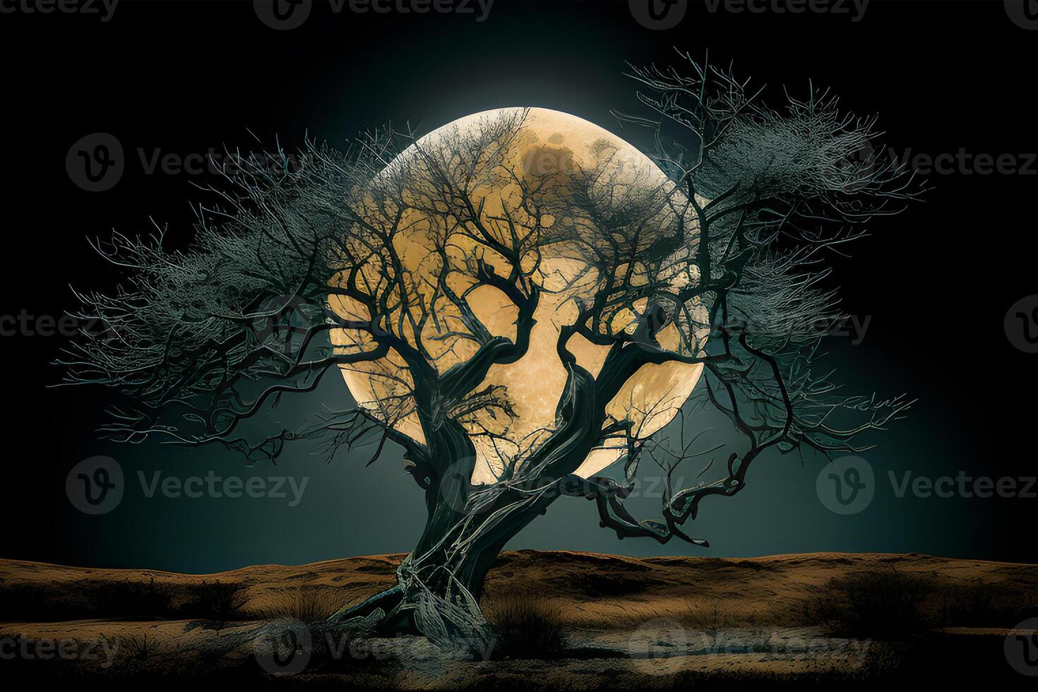 an old tree with big moon illustrations designed for posters, banners, book covers, social media posts, and thumbnails. . photo