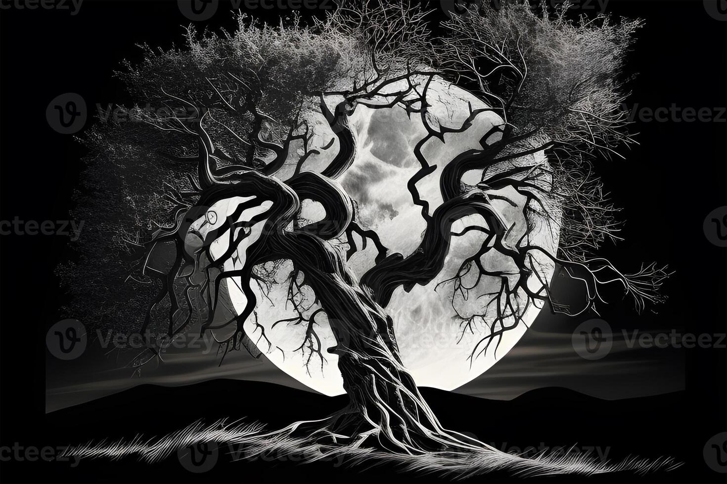 an old tree with big moon illustrations designed for posters, banners, book covers, social media posts, and thumbnails. . photo
