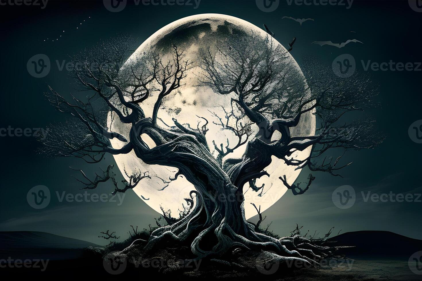 an old tree with big moon illustrations designed for posters, banners, book covers, social media posts, and thumbnails. . photo
