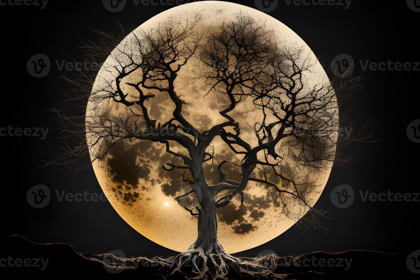 an old tree with big moon illustrations designed for posters, banners, book covers, social media posts, and thumbnails. . photo
