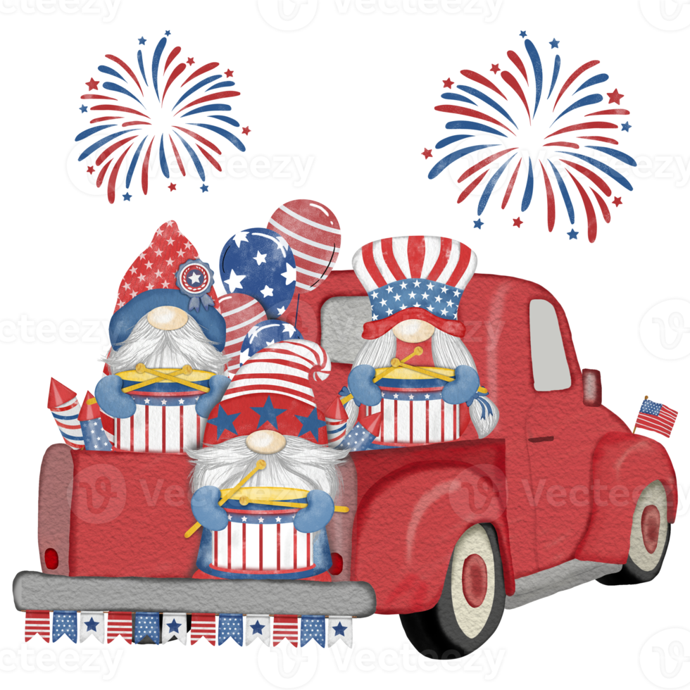 Group of three cute Gnomes with Truck independence day Digital painting watercolor png