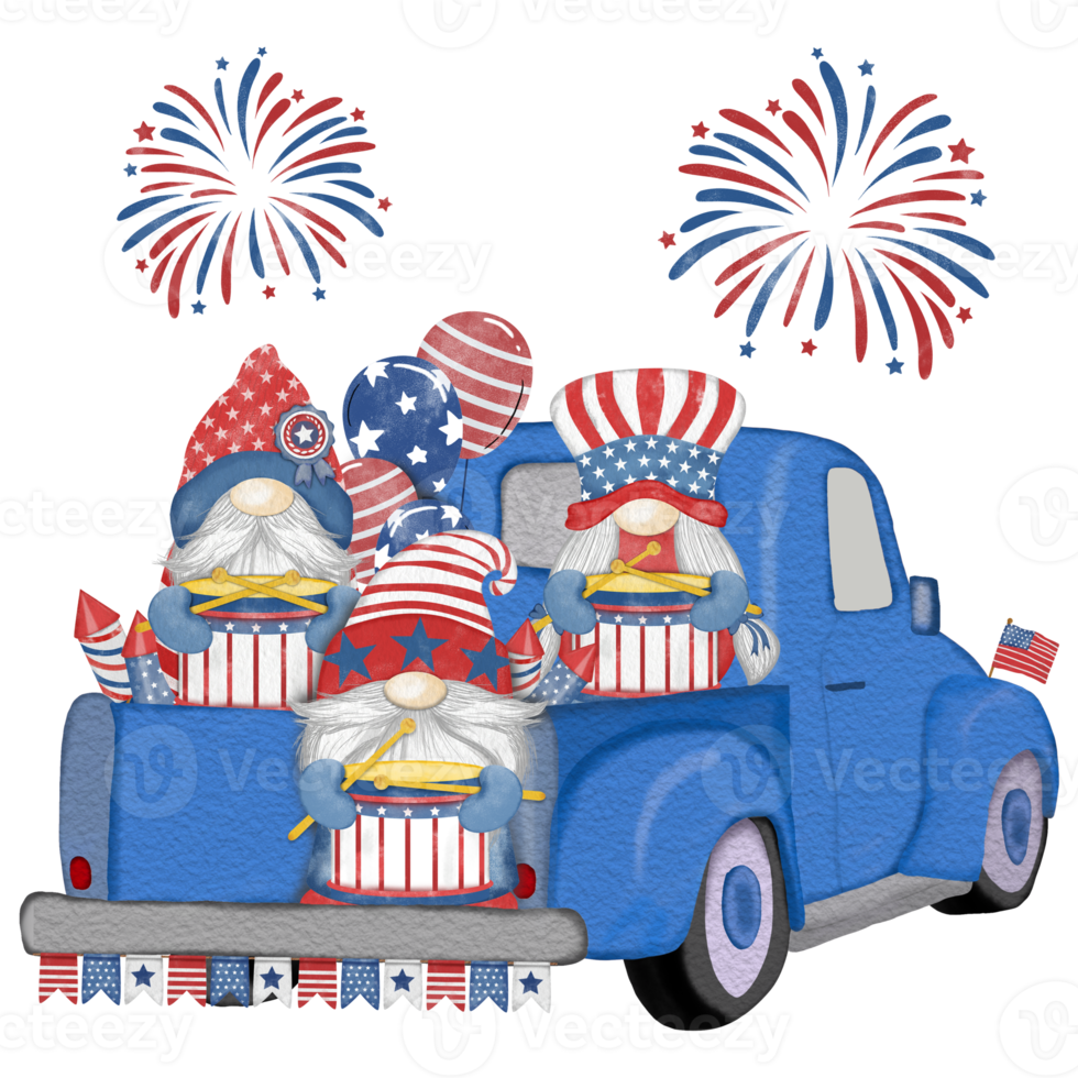 Group of three cute Gnomes with Truck independence day Digital painting watercolor png