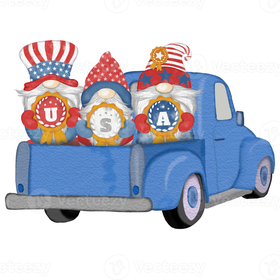 Group of three cute Gnomes with Truck independence day Digital painting watercolor png