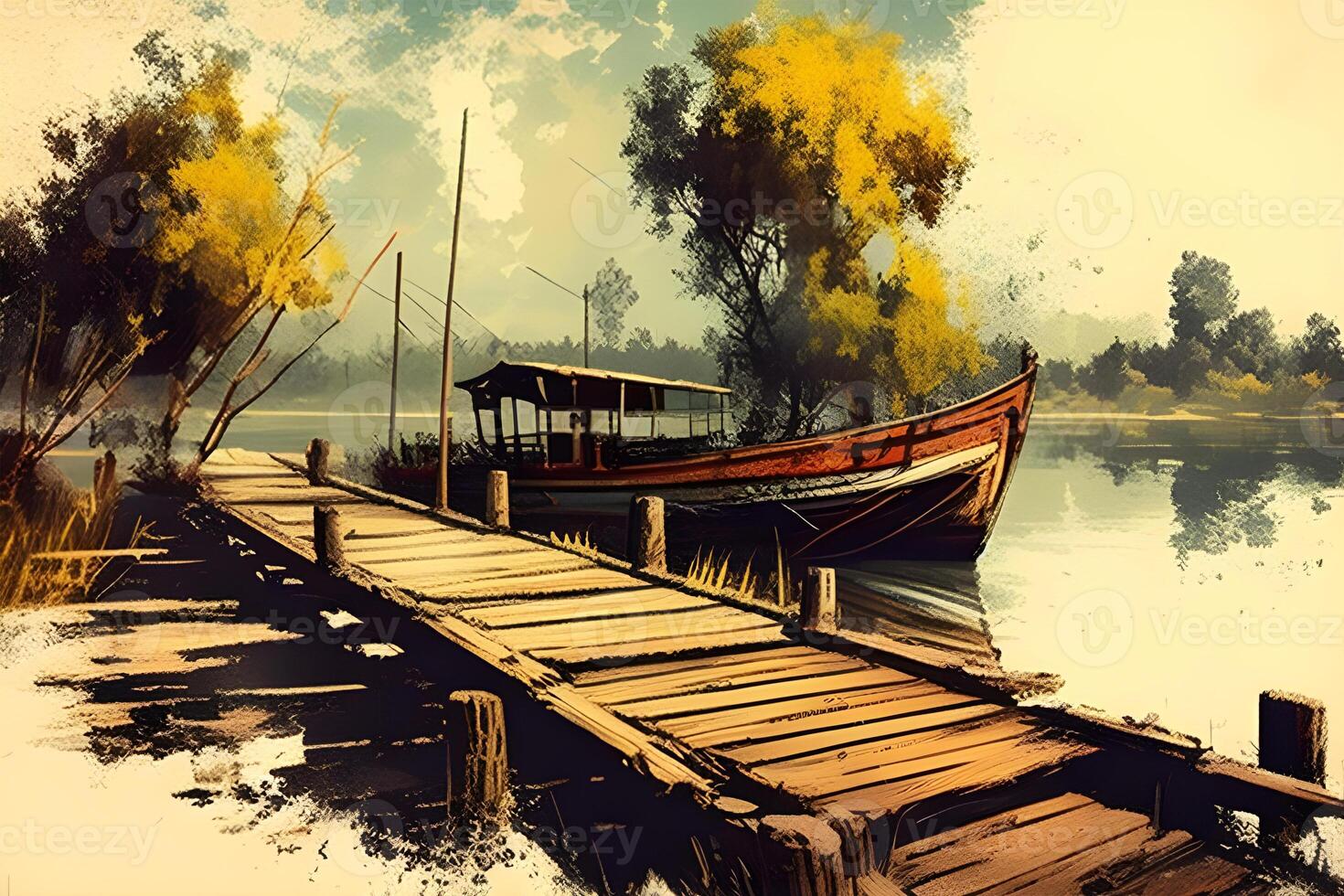 sunset on the lake with a boat vintage illustration. . photo