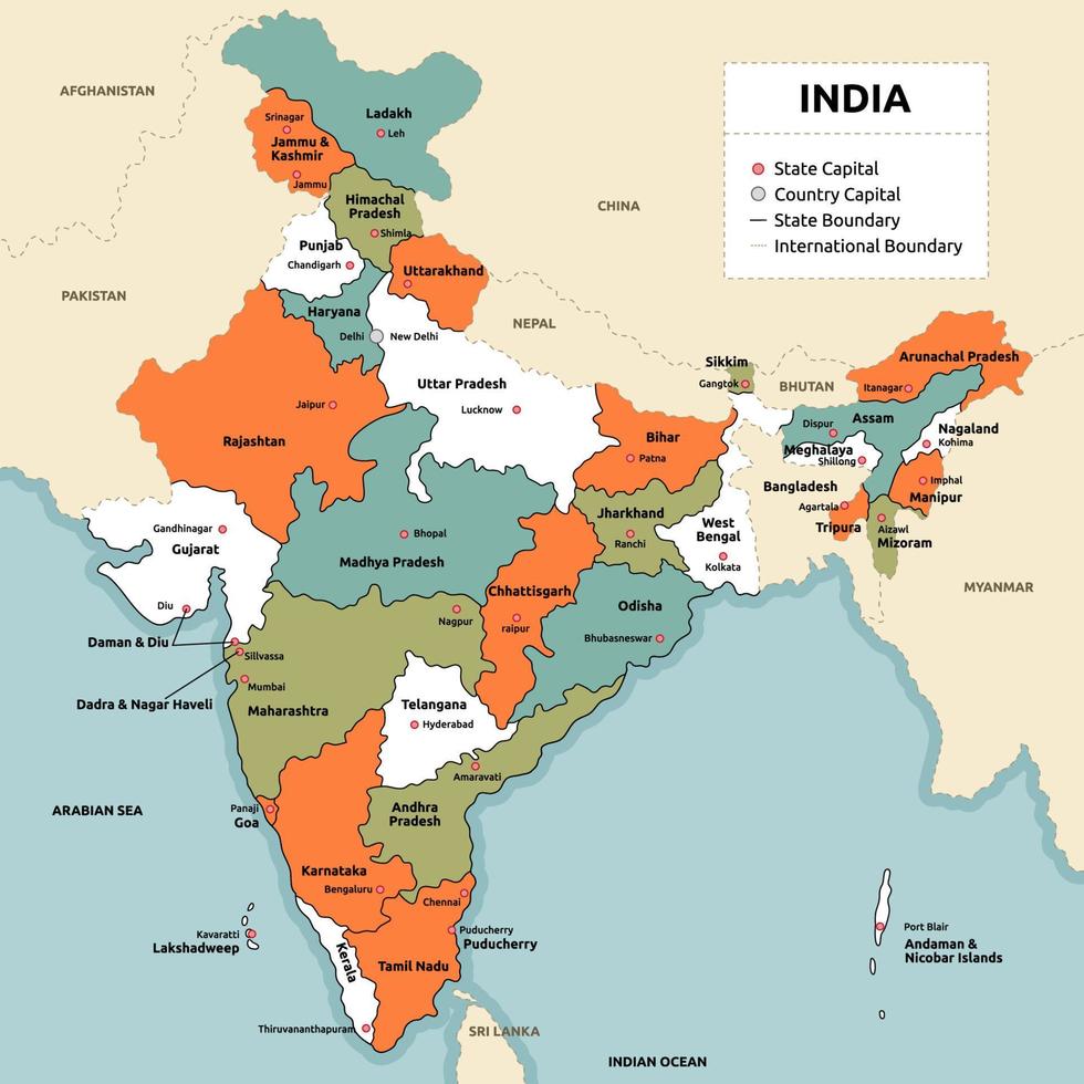 detallado país mapa de India vector